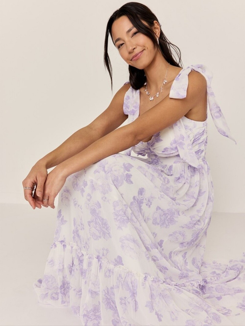 Francesca's Lavender Floral Tie Strap Maxi Dress NWT Medium Cottagecore - Picture 4 of 12